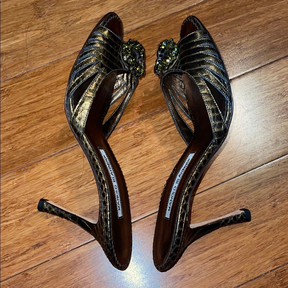 Manolo Blahnik Indial Leather Green Mules - Picture 8 of 11